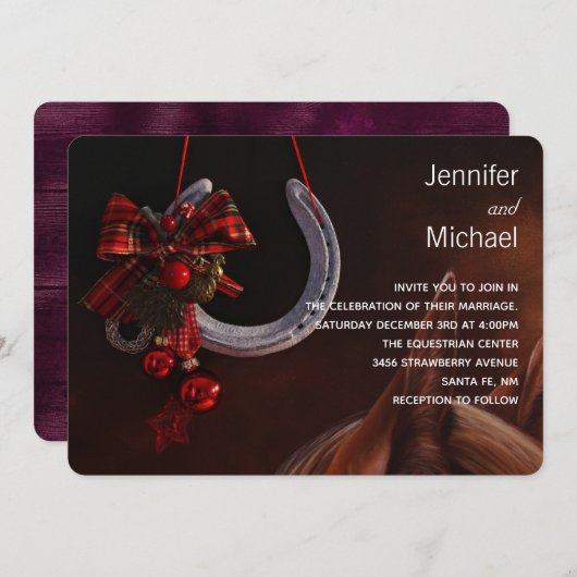馬術テーマぶら下がったの蹄鉄結婚の 招待状 (正面/裏面)