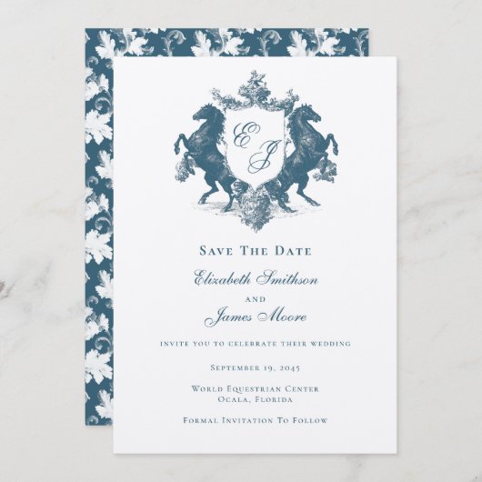 馬術モノグラムウマズクレストティール(緑がかった色)結婚ブルー セーブザデート (正面/裏面)