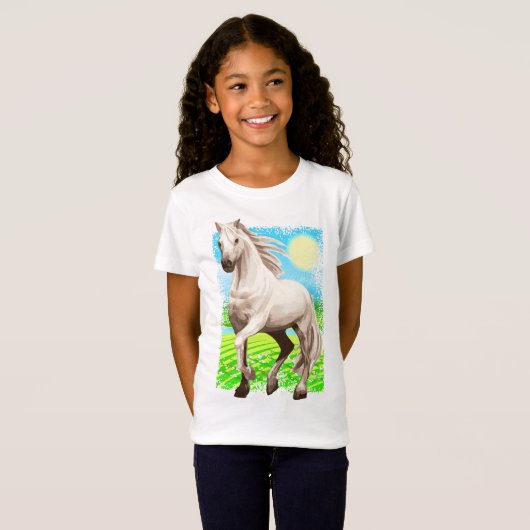 馬術 – 白馬 – 乗馬 Tシャツ (正面フル)