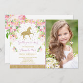 馬誕生日招待状フローラピンク金ゴールド馬 招待状 (正面/裏面)