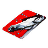 馬赤い背景ブルーの花 マグネット (左側)