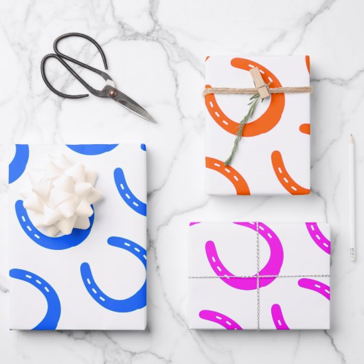 馬蹄型パターンブルーオレンジピンクホースバーンおもしろい ラッピングペーパーシート (正面)