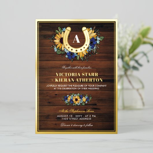 馬蹄型モノグラムひまわりブルーウッド結婚ズ 箔招待状 (立ち正面)