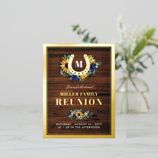 馬蹄型モノグラムヒマワリアズウッドファミリー懇親会 箔招待状ポストカード (立ち正面)