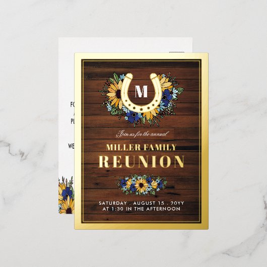 馬蹄型モノグラムヒマワリアズウッドファミリー懇親会 箔招待状ポストカード (正面/裏面)