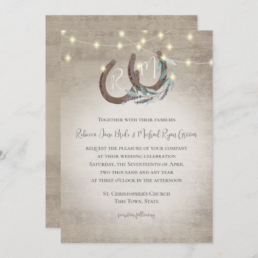 馬蹄型モノグラムラベンダーとセージ水彩色 招待状 (正面/裏面)