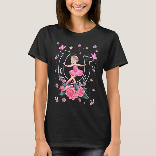 馬蹄形の女子バレエボールでチュチュを着たバレリーナが踊る Tシャツ (正面)