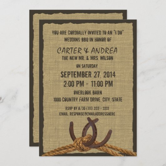 馬蹄形の装飾、ロープと麻布のBBQ ウェディングパーティ 招待状 (正面/裏面)