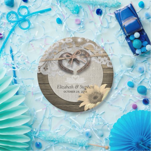 馬蹄形の麻ひもレースひまわりウェディングシャワー ペーパープレート (パーティー)