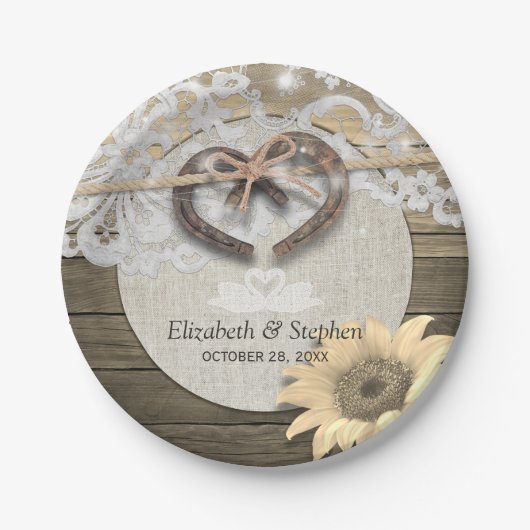 馬蹄形の麻ひもレースひまわりウェディングシャワー ペーパープレート (正面)