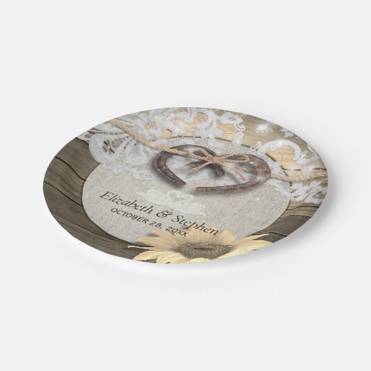 馬蹄形の麻ひもレースひまわりウェディングシャワー ペーパープレート (アングル)