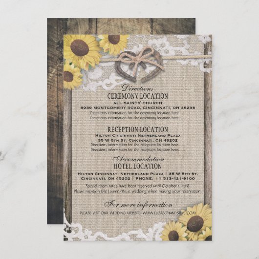 馬蹄形の麻ひもレースひまわりウェディング詳細 招待状 (正面/裏面)