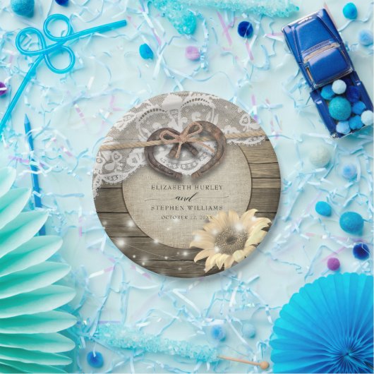 馬蹄形ハートレースひまわりウッドウェディングシャワー ペーパープレート (パーティー)