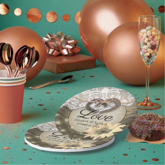 馬蹄形ハートレースひまわりウッドウェディングシャワー ペーパープレート (複数)