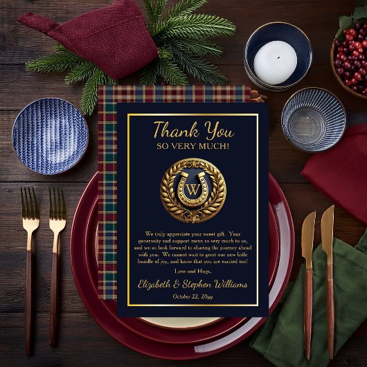 馬蹄形名門私立校風のエンブレムブルーフラットサンキューカード サンキューカード