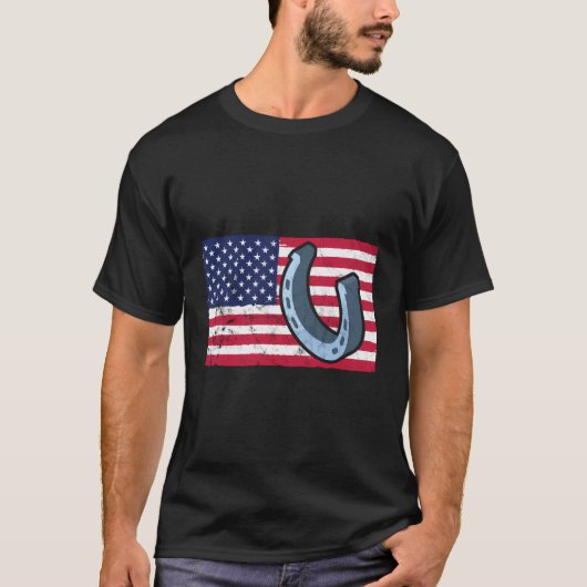 馬蹄投げアメリカ国旗の馬蹄投げDes Tシャツ (正面)