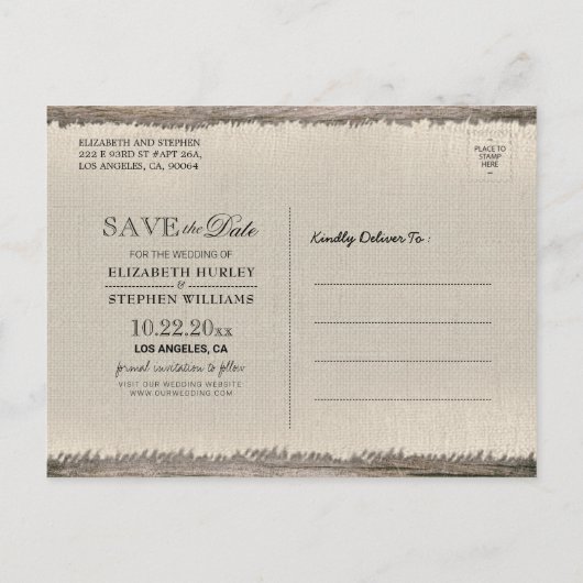 馬蹄鉄素朴のバーラップレースの結婚式の日付を保存 案内ポストカード (裏面)