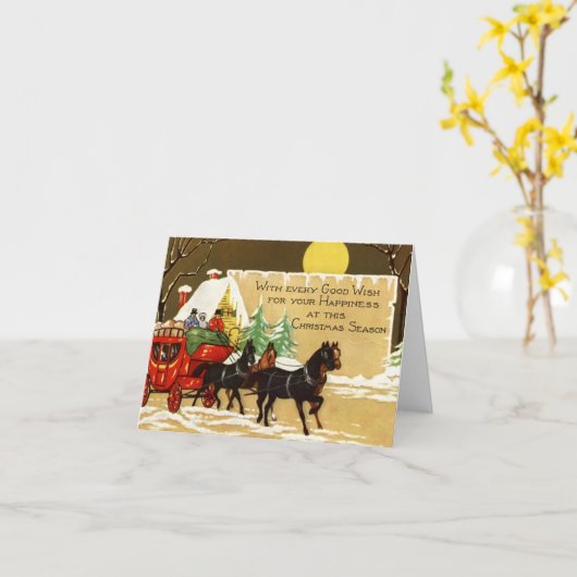 馬車に乗り込むヴィンテージのクリスマスの人々 カード (黄色い花)