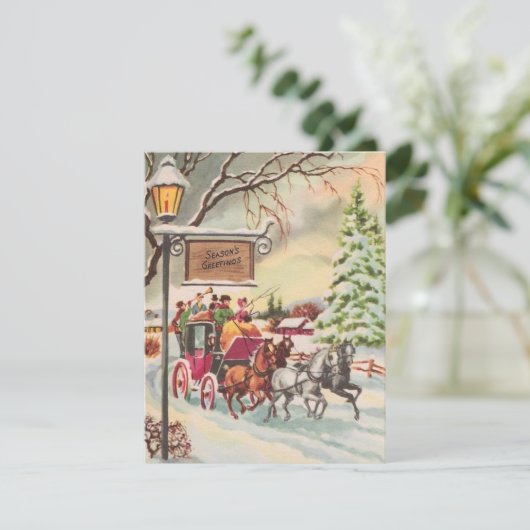 馬車に乗り込むヴィンテージのクリスマスの人々 シーズンカード (スタンド正面)