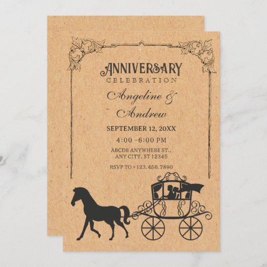 馬車の付いたヴィンテージ馬車の記念日 招待状 (正面/裏面)