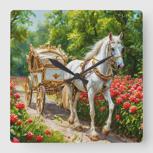 🐎 馬車の壮麗なヴィンテージ スクエア壁時計 (正面)