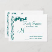 馬車ティール（緑がかった色）ブルー結婚式の出欠確認カード 出欠カード (正面/裏面)