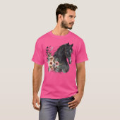 馬頭水彩馬術花付き馬 Tシャツ (正面フル)