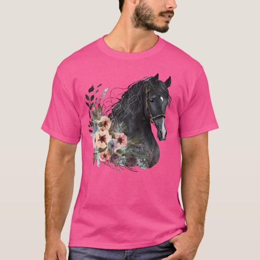 馬頭水彩馬術花付き馬 Tシャツ (正面)