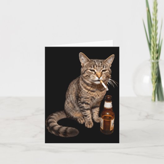 馬鹿げた猫がビールを飲みながら煙草を吸うミーム 馬鹿 カード (正面)