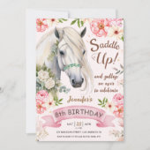 馬8誕生日ガールピンク花サドルアップ 招待状 (正面)