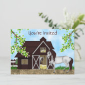 馬、かわいらし納屋、木の誕生日パーティー 招待状 (スタンド正面)