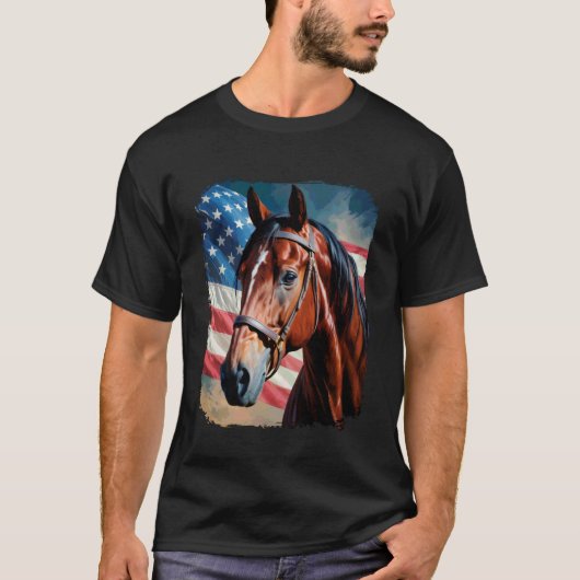 馬 アメリカ国旗 愛国心 7月4日 Tシャツ (正面)