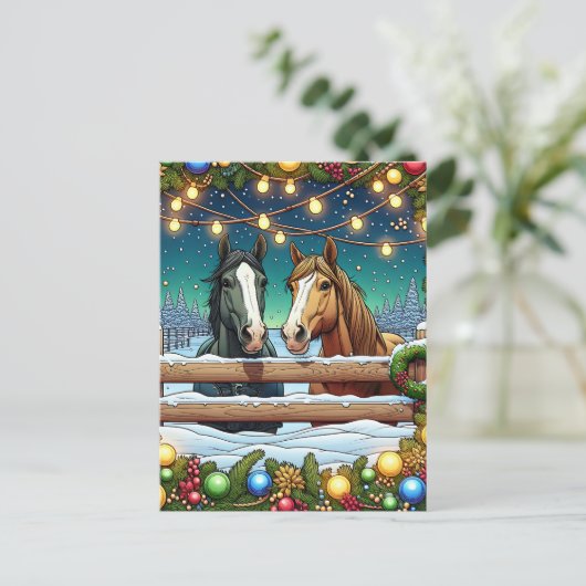 馬、クリスマスライトパーソナライズされた ポストカード (スタンド正面)