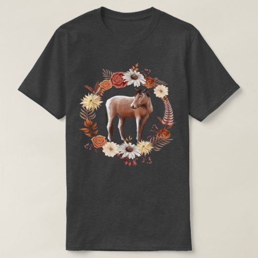 馬、秋、紅葉の花、かわいい馬 Tシャツ (デザイン正面)