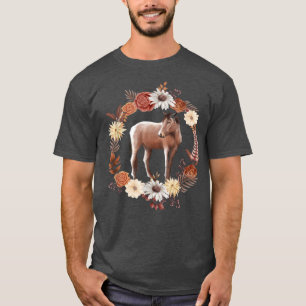馬、秋、紅葉の花、かわいい馬 Tシャツ