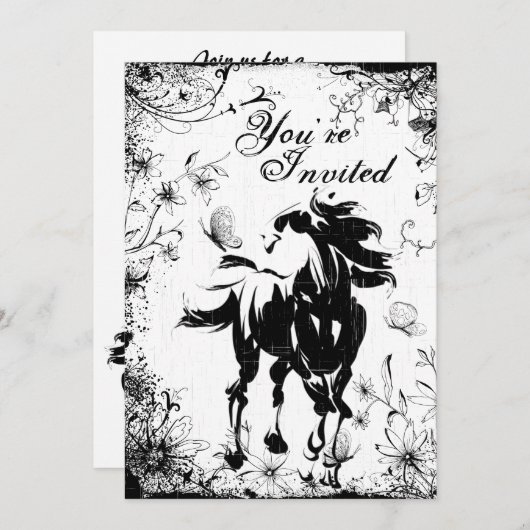馬、花と蝶誕生日招待状 招待状 (正面/裏面)