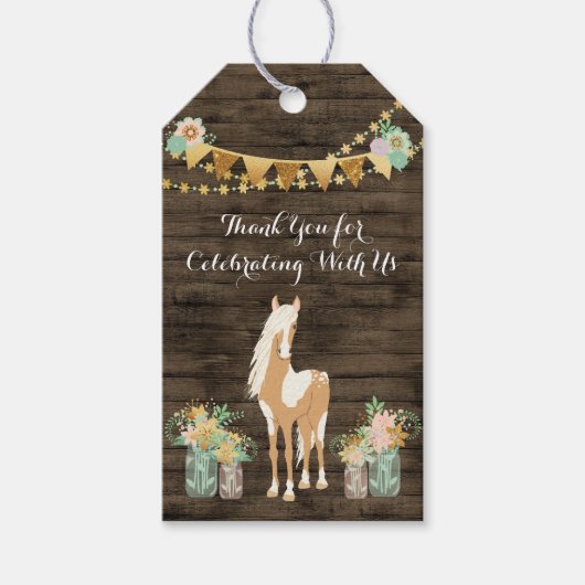馬、花の素朴な木の誕生日ありがとう ギフトタグ (正面)