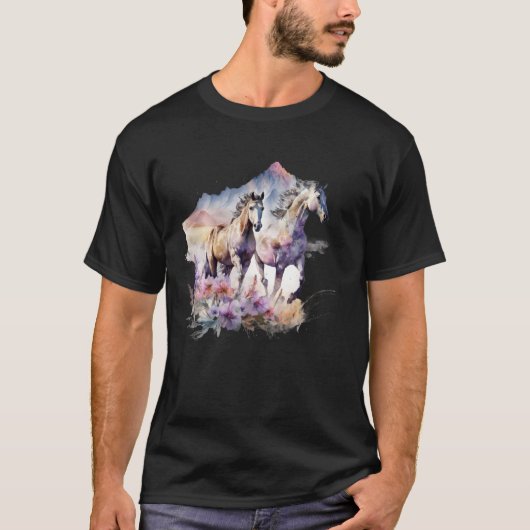 馬 花 野性 たてがみ ボヘミアン 西洋 南部 牛 Tシャツ (正面)