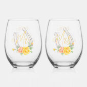 馬 黄色のバラ モノグラム Mr. and Mrs. 結婚式 ステムなしワイングラス (裏面)