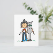 馬Tシャツ付きスティックフィギュア女性のカーボーイ ポストカード (スタンド正面)