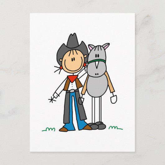 馬Tシャツ付きスティックフィギュア女性のカーボーイ ポストカード (正面)