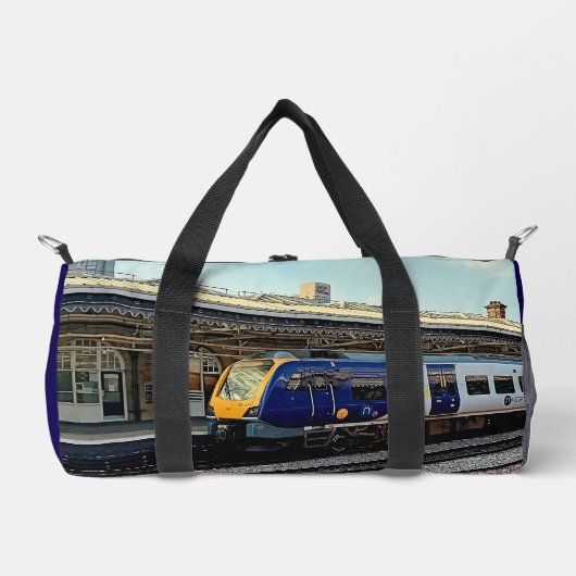駅で青黄列車 ダッフルバッグ (正面)