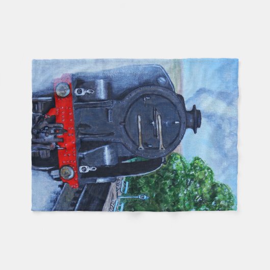 駅の蒸気列車絵画 フリースブランケット (正面(横))