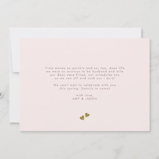 駆け落ちした | 写真結婚の発表、フェイク金ゴールド 招待状 (裏面)