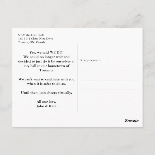 「駆け落ち」の驚きの結婚のエレガント発表 ポストカード (裏面)