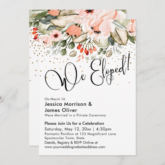 駆け落ち!タイポグラフィ、赤面花模様金ゴールド紙吹雪 招待状 (正面/裏面)