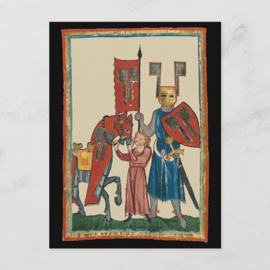 騎士と大地主、14世紀中世アート ポストカード (正面)