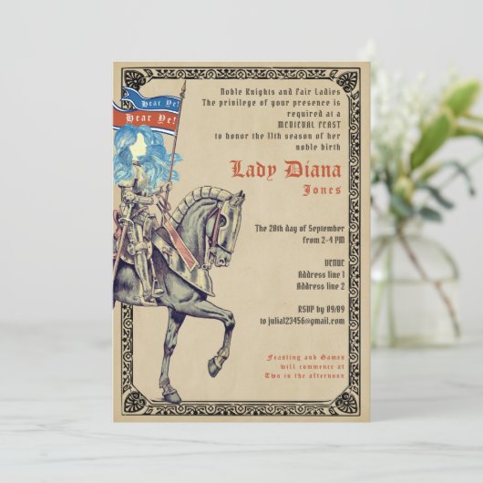 騎士と淑女の中世の宴と騎士試合の誕生日 招待状 (スタンド正面)