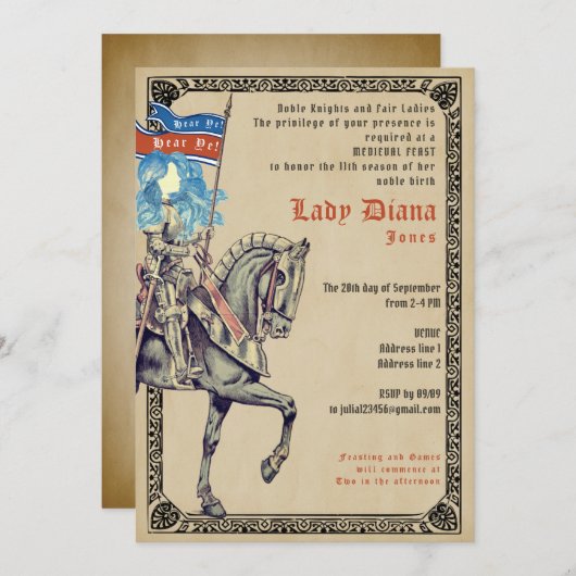 騎士と淑女の中世の宴と騎士試合の誕生日 招待状 (正面/裏面)