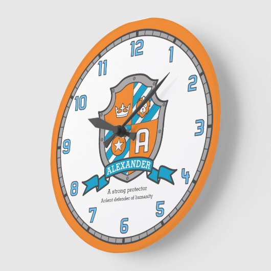 騎士シールドのオレンジを意味するアレクサンダー少年の名前 ラージ壁時計 (傾斜)